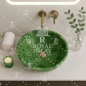15" Green Agate Stone Sink Round Gemstone Wash Basin for Luxury Bathrooms - Picture 1 of 8