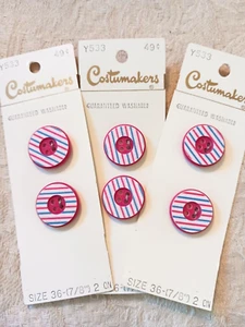 6 Vintage Costumakers Red White & Blue Striped Buttons 7/8" 4 Hole Made in USA - Picture 1 of 7