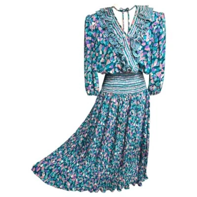 VTG Neiman Marcus Susan Freis Ruffle Collar Pleated Long Sleeve Dress Size Large - Image 1 of 4