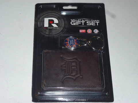 DETROIT TIGERS  Leather TriFold Wallet / Key Chain  Gift Set  NIP   dark brown Cover