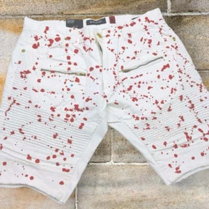 Herren Makobi weiß | rot handbemalt Jeansshorts neu mit Etikett - Bild 1 von 3