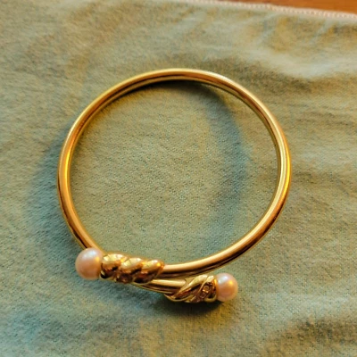 Pearl Tipped Gold Tone & Stones Bangle Bracelet 7 1/2" - Image 1 of 4