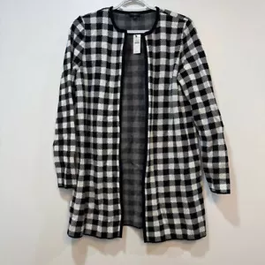 Talbots Damen Pullover klein schwarz weiß kariert Wolle lange Linie Strick 179 $ offen - Bild 1 von 6