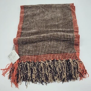 Scarf Silk Rayon Black & Tan Check with Burnt Orange Edging Soft 10'' x 56'' - Picture 1 of 3