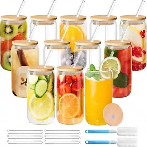Drinking Glasses with Bamboo Lids and Glass Straw, 16Oz Can Shaped Glass Cups, B - Picture 1 of 7