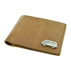 Classic Brown Genuine Leather Wallet with a German Camper Van Pewter Emblem