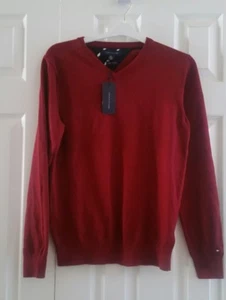 Men's TOMMY HILFIGER Cotton Cashmere Jumper V-Neck Cardigan Sweater S Wine Red - Picture 1 of 6