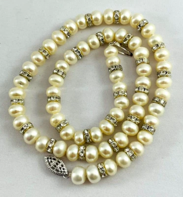 White Pearl Crystal Rondelle Hand Knotted 14kt Gold Filled Necklace 7mm - Image 1 of 4