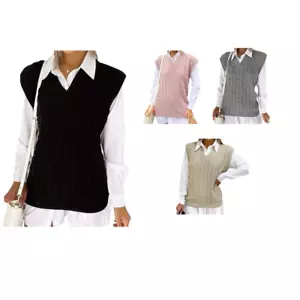 Ladies Cable Knit V Neck Sleeveless Vest Women's Knitted Jumper Tank Top Winter - Picture 1 of 6