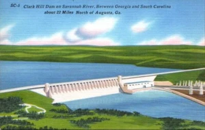 Leinen Postkarte Clark Hill Dam Savannah River Georgia GA South Carolina SC UNP - Bild 1 von 2