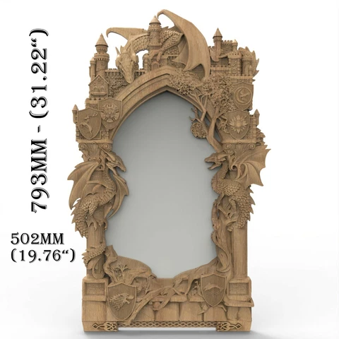 Wood Carved Mirror Picture Frame Fireplace Gothic Dragon Theme Wall Art Ornament Cover