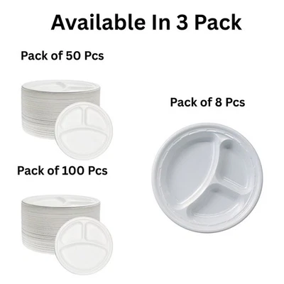 3 Compartment White Reusable Plastic Plates Catering Supply Parties 10inch - Image 1 of 4