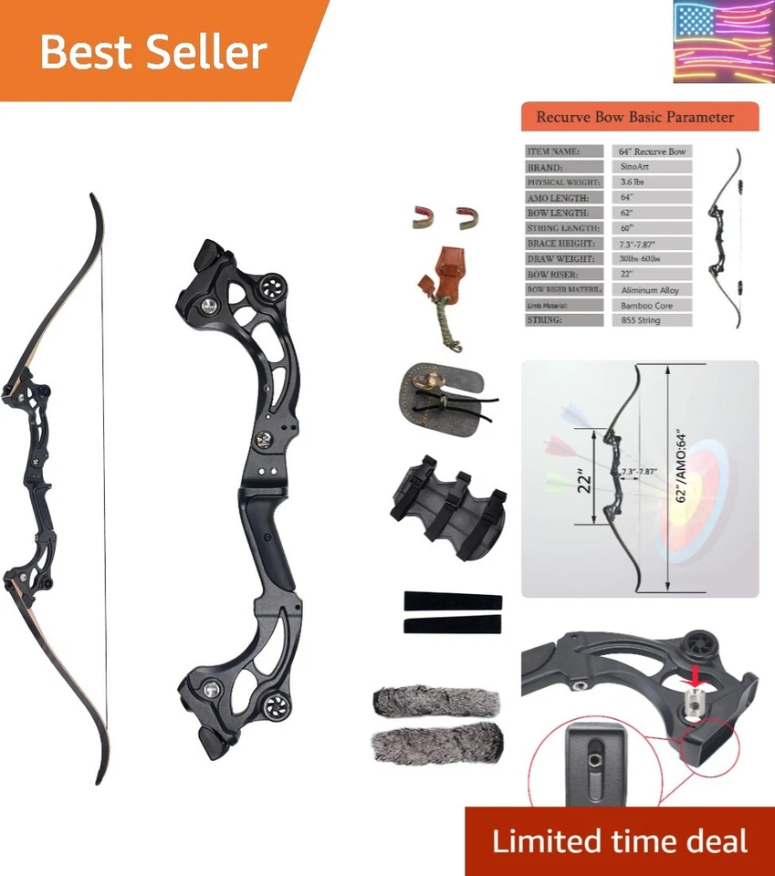 Sinoart 60” Takedown Hunting Recurve Bow Metal Riser 30 Lbs Camo Right Hand