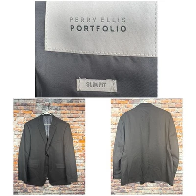 Perry Ellis Portfolio Slim Fit 2-Button Suit Jacket Black 46 Regular Double Vent - Image 1 of 4