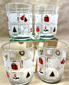 Libbey Christmas Glasses with Holiday Motifs on Frosted Background Set Of 4 - Picture 1 of 3