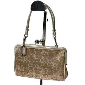 COACH LTD LUREX Beige/Silver SIGNATURE C FRAMED KISSLOCK EVENING BAG 8948 Japan - Picture 1 of 16