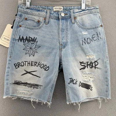 Pantalones Cortos Denim Jack & Jones Graffiti Envejecido Dobladillo Crudo Talla S 30" Retro Punk Grunge Foto 1 de 4