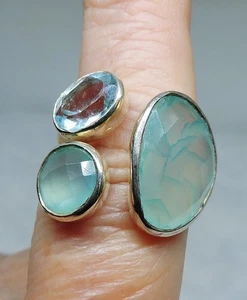 925 Sterling Silber Aquamarin & blauer Crackle Quarz Ring Gr. 8,25 - Bild 1 von 10