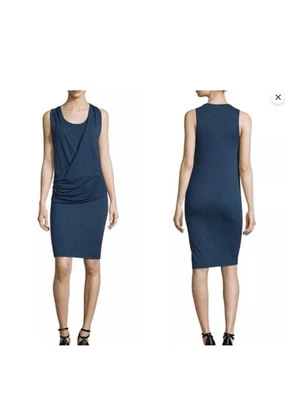 BURBERRY BRIT 'Janey' Ink Blue Sleeveless Front Drape Ruched Sheath Dress Sz S - Image 1 of 4