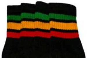 22” KNEE HIGH BLACK tube socks with GREEN/GOLD/RED stripes style 1 (22-36) - Picture 1 of 1