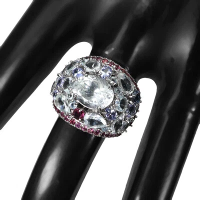 925 Sterling Silver Ring Oval Aquamarine Rhodolite Tanzanite Gemstone Jewelry 8 - Image 1 of 4