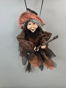Hanging Witch On Broomstick 12" Black Orange Halloween - Picture 1 of 13