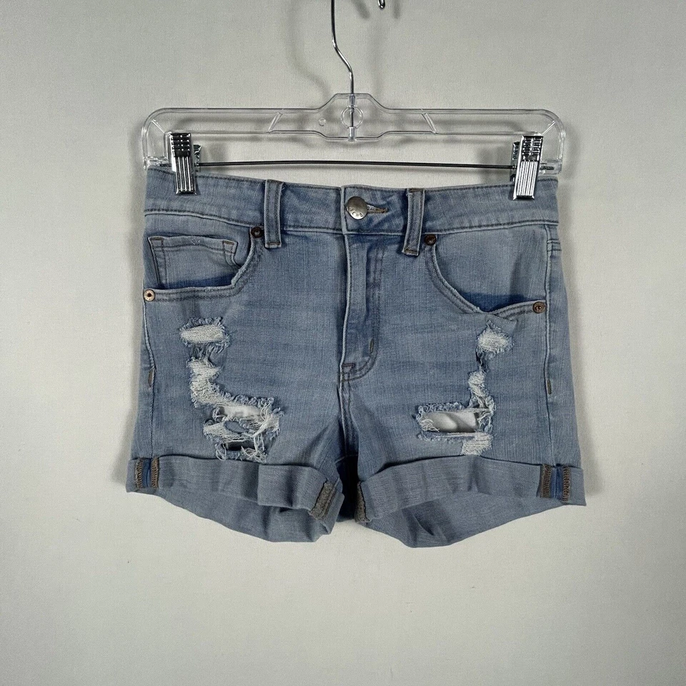 Pantalones Cortos de Jean Aeropostale Midi de Tiro Alto Talla 6 Azul Envejecido Denim Corte con Puños Foto 1 de 4