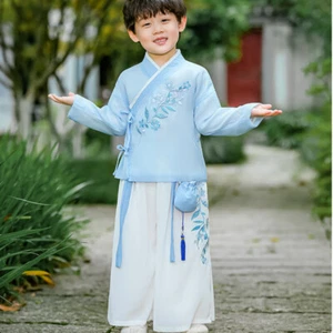 Kids Boys Hanfu Suit Tops and Pants Set Embroidered Lace Up Bag Fringe Chinese - Picture 1 of 10