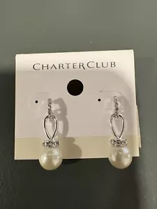 Charter Club Imitation Pearl Pave' Drop Earrings NWT Crystal Teardrop - Picture 1 of 3
