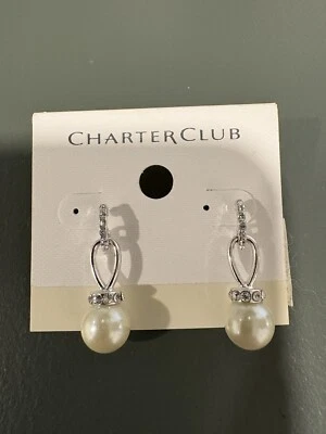 Brincos Charter Club imitação pérola pavê gota novo com etiquetas lágrima de cristal - Imagem 1 de 3