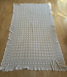Vintage Hand Crocheted Tablecloth Victorian Beige Oblong Size 62 X 100” - Picture 1 of 17
