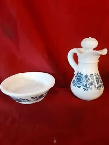 Vintage Avon Delft Blue Milk Glass Pitcher & Bowl for Skin-So-Soft Bath Oil - Picture 1 of 5