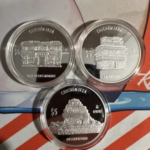 MEXICO SILVER 3 COINS 1 Oz  CHICHEN ITZA  PYRAMIDS PROOF 5 Peso 070707 - Picture 1 of 5