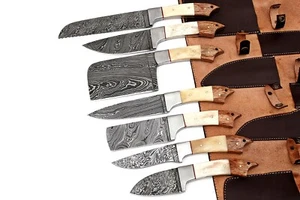 Custom Handmade Damaststahl Küchenmesser 7-teilig mit Lederscheide. - Bild 1 von 5