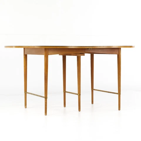 Paul McCobb for Calvin Mid Century Walnut and Brass Dining Table with 6 Leaves Cover