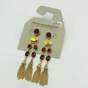 Aurora Borealis Earrings Red Dangle Gold Tone Statement Hypo Allergenic - Picture 1 of 5