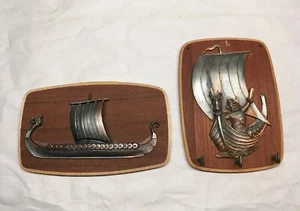 Lot of 2 Vintage Viking Ship Wall Plaque 6-1/2” 6” Wood Metal - Picture 1 of 9