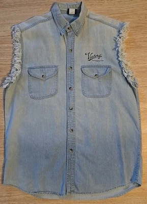 Vintage Victory Motorcycles Shirt Mens XL Blue Denim Jean Button Up Biker 90's - Image 1 of 4