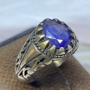 925 Sterling Silver mens ring vintage natural blue sapphire stone خاتم زفير ازرق - Picture 1 of 10