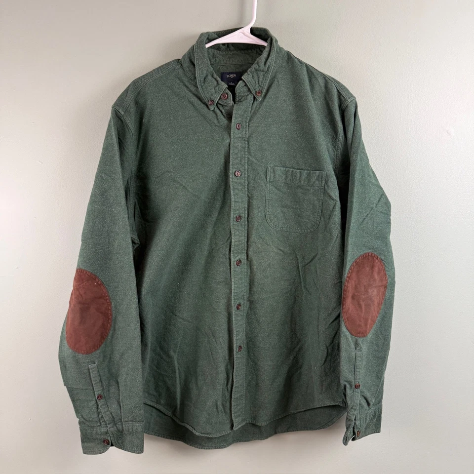 J Crew Shirt Mens LG Green Long Sleeve Button Down Elbow Patches Flannel Cotton - Image 1 of 4