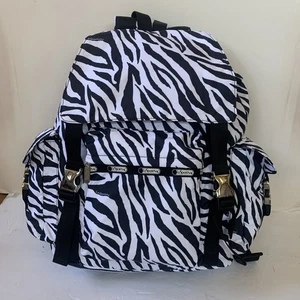 LeSportSac Drew Backpack Rucksack Black White Zebra Stripes Buckles LNC RARE - Picture 1 of 20
