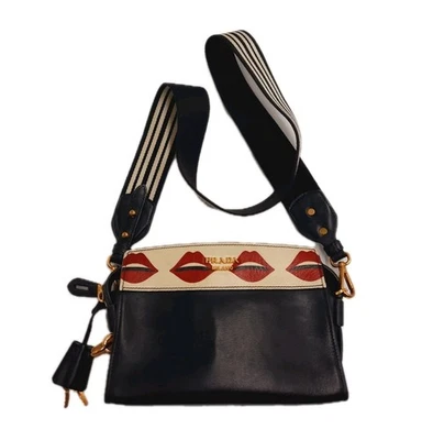 Prada Esplanade Lip Print Mini Black Crossbody Leather Shoulder Handbag.  - Image 1 of 4