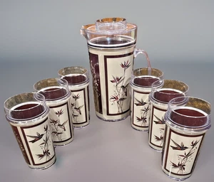 Vintage 1982 Thermo Serve 7 Piece Pitcher & Cups Set Hummingbird Floral - Picture 1 of 19