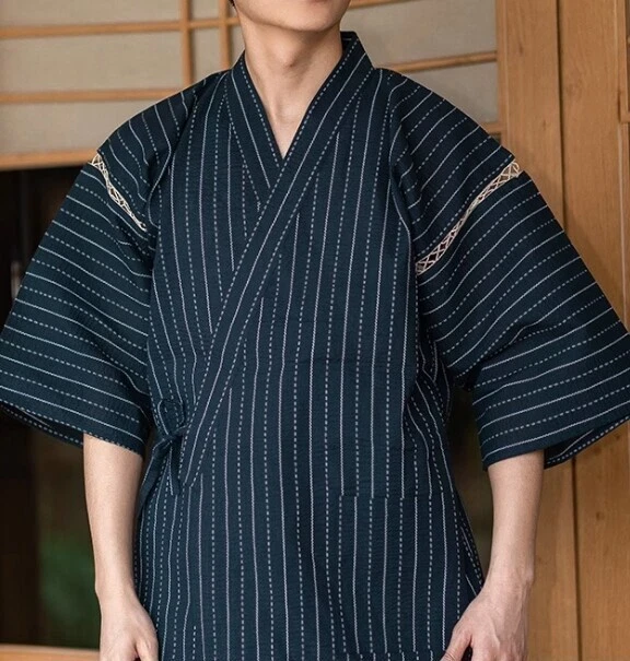 Men Japanese Kimono Pyjama Sets Yukata Jinbei Traditional Stripe Soft Nightwear - Image 1 of 4