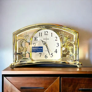 Rhythm Mantel Clock Gold Alarm Swinging Pendulum Genuine Crystals Arabic Dial - Picture 1 of 19
