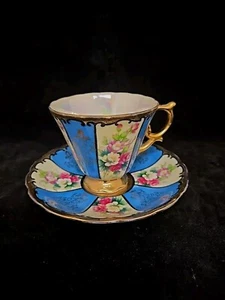 Vintage Royal Sealy Cabbage Rose Blue Gold Floral Paneled Teacup Saucer Japan - Picture 1 of 12