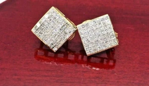 Princess Cut Mens Diamond Stud Square Earrings, 14k Solid Yellow Gold Screw Back - Picture 1 of 8
