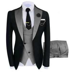 Men Black Suit Party Prom Dinner Gray Vest Pants Groom Tuxedo Wedding Suits - Picture 1 of 9