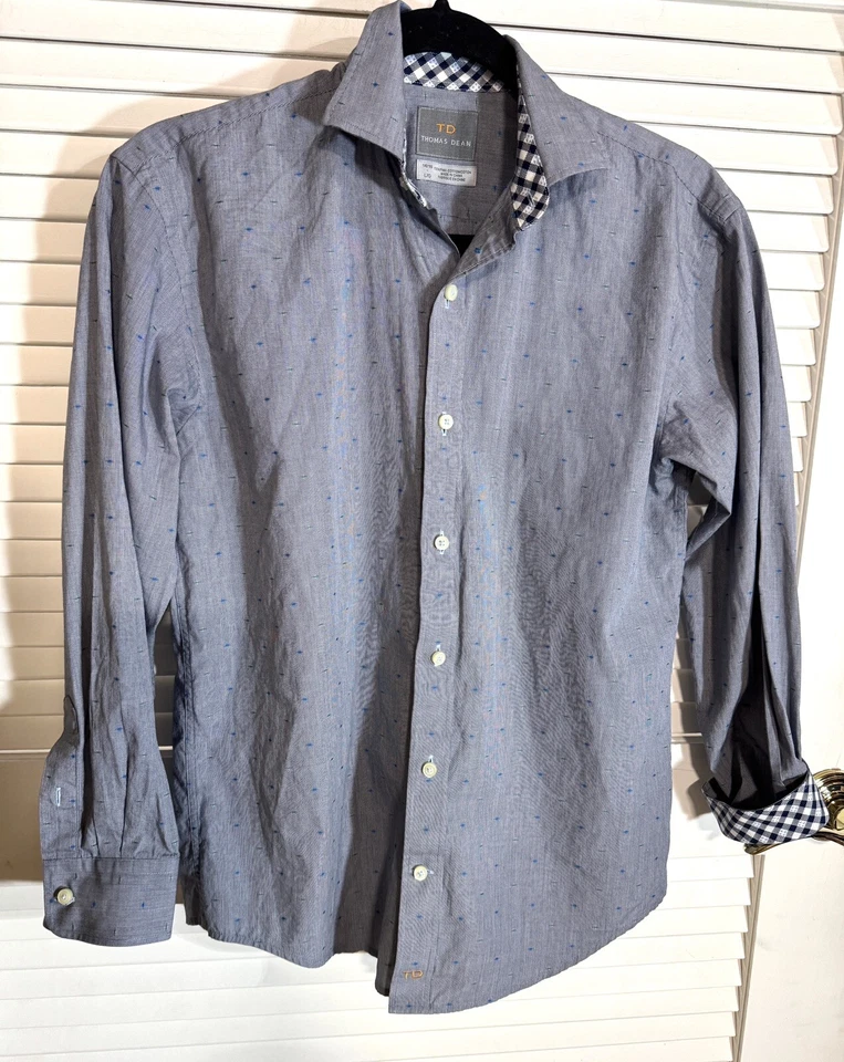 Camisa de algodón TD Thomas Dean para niños 14/16 puño abatible azul geométrico botón roto Foto 1 de 4