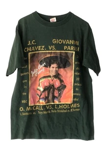 Vintage Boxing T-Shirt JC Chavez vs Giovanni Parish Size L Dark Green All Cotton - Picture 1 of 4
